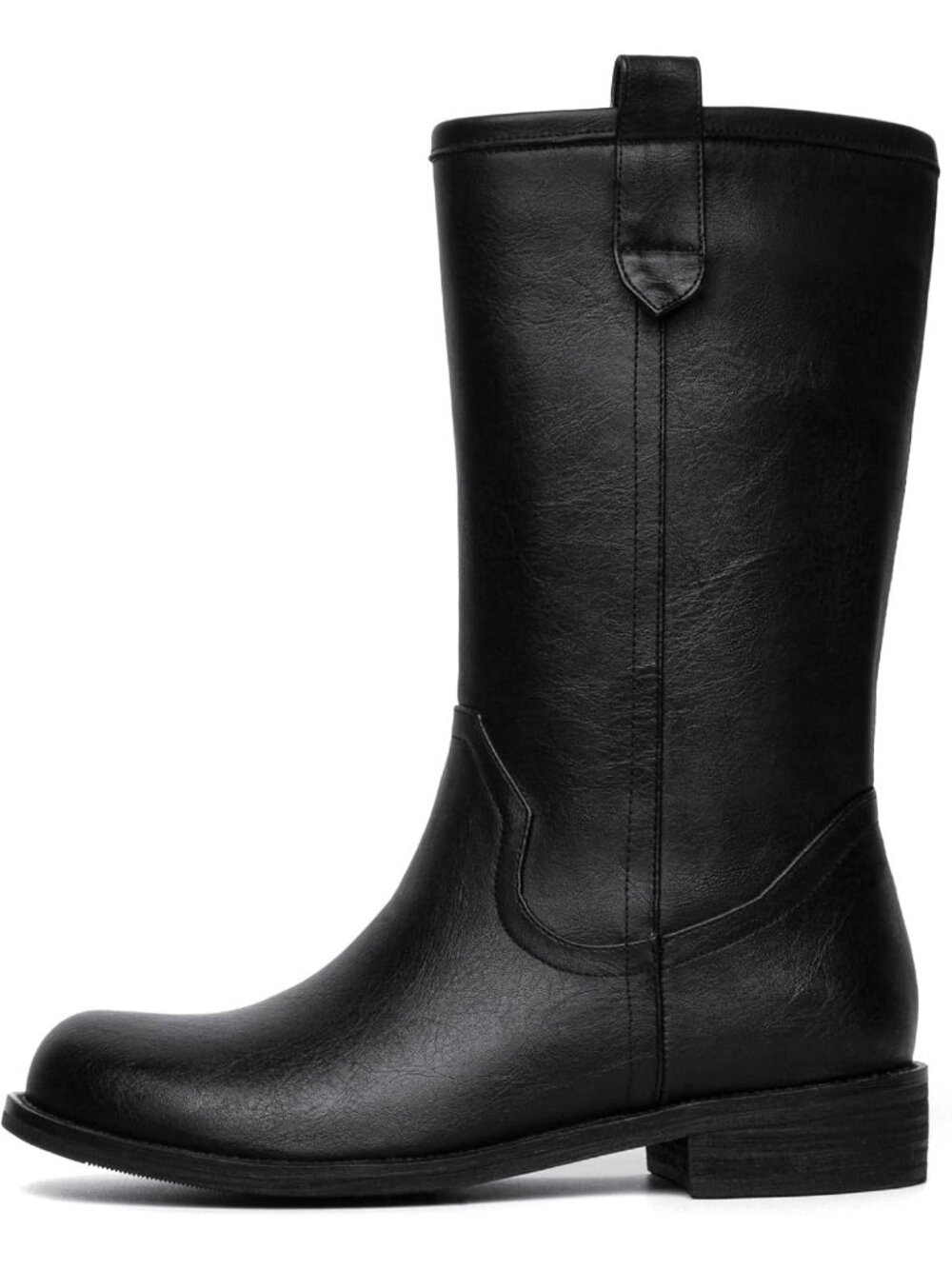 Women's Black Chunky Block Low Heel Round Toe Campus Comfortable Mid Calf Boots - Picture 1 of 6